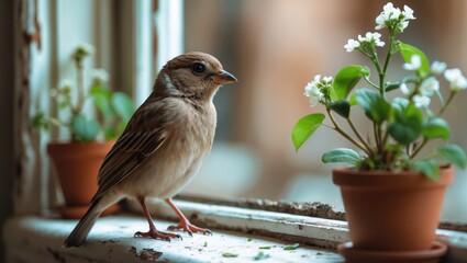 Naklejka premium Wild bird perched on the windowsill after an accidental flight into a house window. Idea of protecting stray animals and environmental welfare.