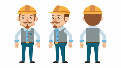 Engineer wearing hard hat. Character constructor for animation. Front, side and back Body view set. Vector illustration.