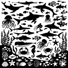 Black silhouette collection of diverse marine life including fish, sharks, octopuses, and seaweed on a white background, arranged in a dense pattern for aquatic-themed designs or illustrations.