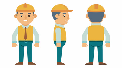 Engineer wearing hard hat. Character constructor for animation. Front, side and back Body view set. Vector illustration.