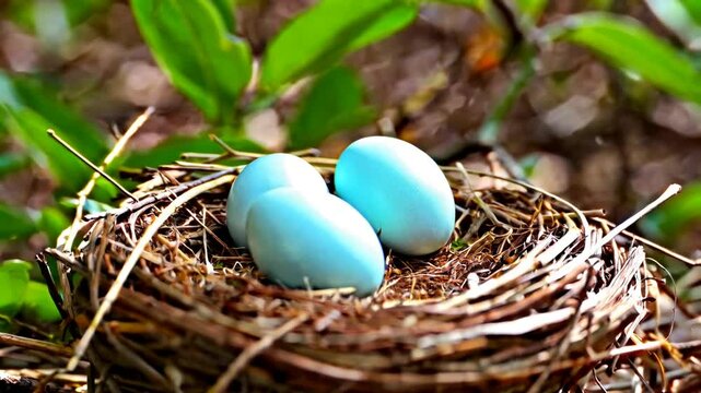A close-up shot captures the delicate serenity of two robin's eggs nestled securely in a rustic nest, symbolizing new life and the wonders of nature's gentle nurturing.