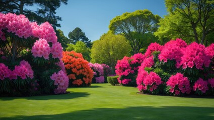 Lovely Rhododendron Flower Bushes and Trees in a Sunlit Garden Scene