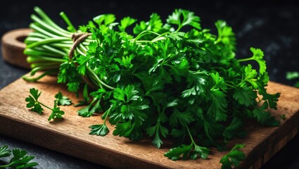 Closeup of Organic Parsley on a Black Background, Healthy Vegetarian Food Component. Fresh Parsley.