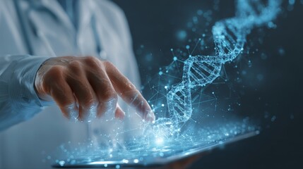 Medicine doctor touching electronic medical record on tablet. DNA. Digital healthcare and network connection on hologram modern virtual screen interface, medical technology and network concept