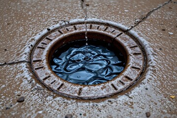 Water Drop into Drain: A close-up image captures a single water droplet gracefully descending into a drain. It depicts the flow of water, texture of the metal grating, and reflection.