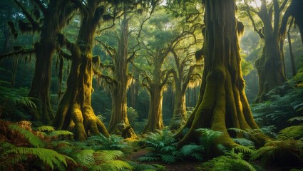 Obraz premium A Gorgeous Ancient Rain Forest with Enigmatic Trees Draped in Moss