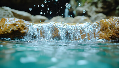 Cascading water stream over rock into a clear pool, background rocks, and foliage, captured up close