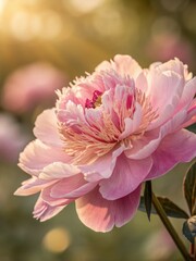 Pink peony flower in full bloom surrounded by soft natural light at sunset
