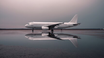 Fototapeta premium Minimalistic side profile of airplane parked with reflection on tarmac