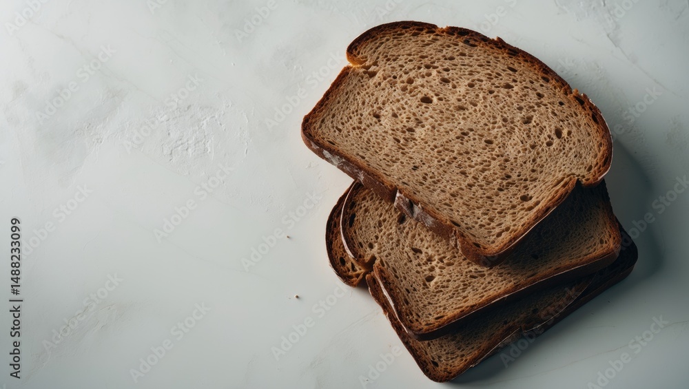 Poster Top view close-up of two whole grain bread slices stacked over each other on plain background