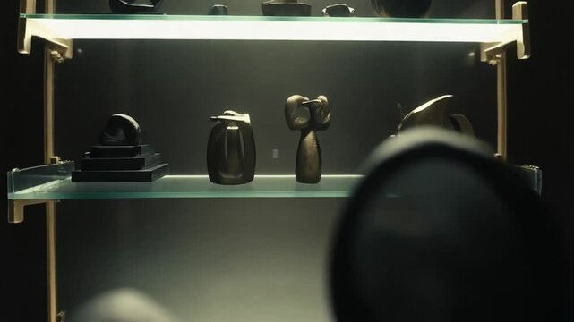A curated collection of artistic objects gleams on a glass shelf, illuminated by soft lighting, revealing the artistry.