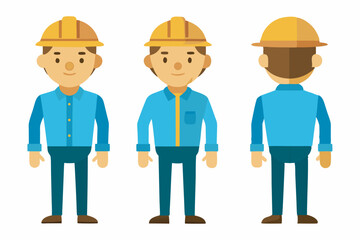 Engineer wearing hard hat. Character constructor for animation. Front, side and back Body view set. Vector illustration.