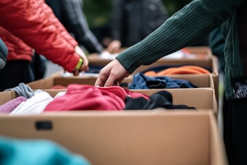 People sorting donated clothing in cardboard boxes at a donation event for charity work outside