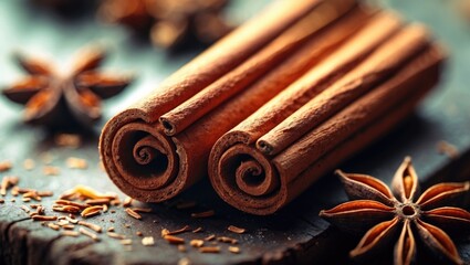 Close-up of cinnamon sticks and star anise.