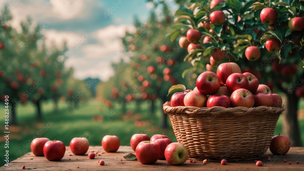 Poster delicious apples arranged in a basket on the table