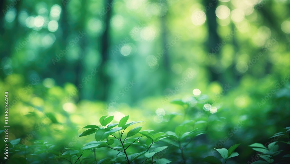 Poster out of focus background featuring leafy trees in a forest