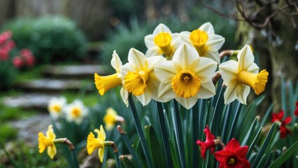 Fototapeta premium Yellow double narcissus flowers in close-up within the garden setting