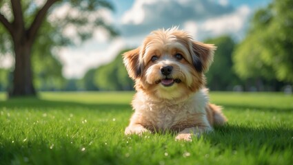 Fototapeta premium Adorable dog on green grass in the park