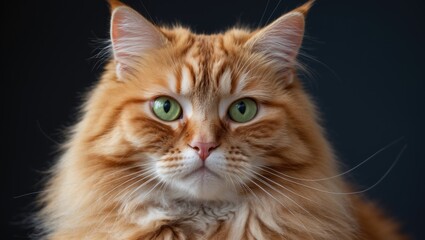Portrait of a green-eyed ginger tabby cat on a black background, adorable fluffy orange cat close-up.
