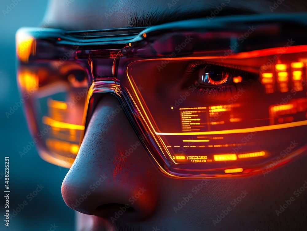 Aufkleber man wearing augmented reality glasses with futuristic interface display