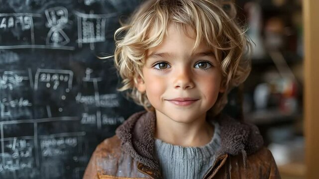 Smiling boy solves math problem on blackboard