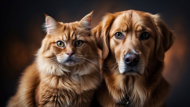 Brown cat and dog side by side, gazing at the camera with a dark backdrop