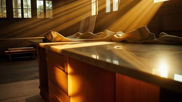 Warm, golden sunlight streams through windows illuminating a polished, counter top in an interior setting. The kitchen feels inviting and serene with sun rays reflecting off the surface.