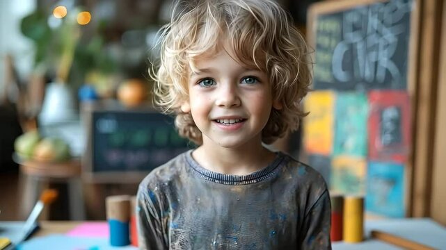 A curious boy solves a math problem on a chalkboard filled with enthusiasm