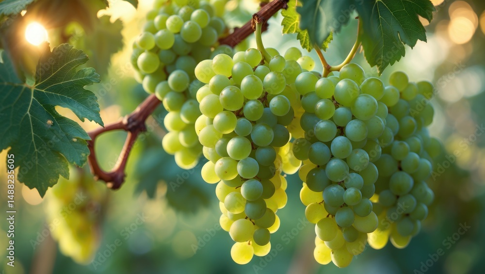 Poster Close-up view of grapes on a vine branch.