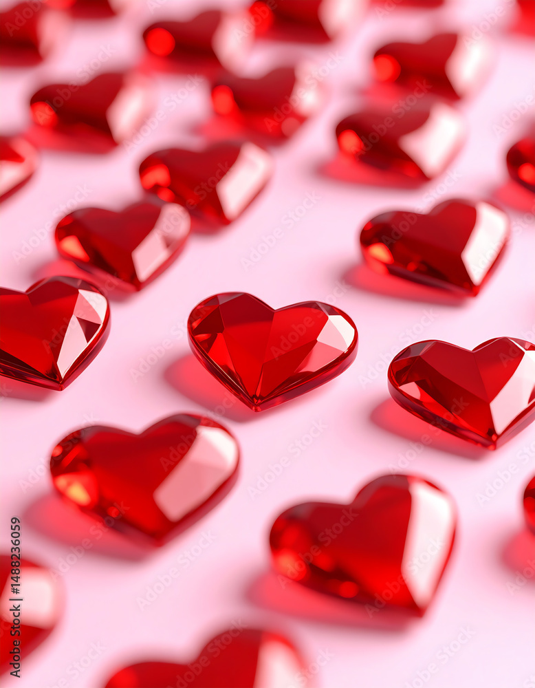 Poster a pattern of shiny red heart-shaped gems arranged on a soft pink background, creating a romantic and