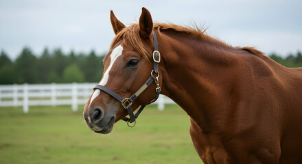 Obraz premium horse, chestnut horse, brown horse, Chestnut Horse Portrait in Pasture