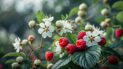 Fruits and blooms of blackberry on the agricultural field