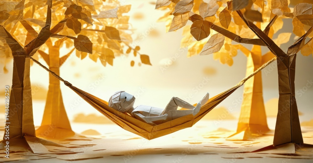 Poster Paper figure rests in hammock between trees. Warm sunlight filters through foliage, creating peaceful scene. Relaxing, serene moment.