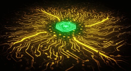 Glowing Circuit Board with Central Green Chip Illustrating Technology