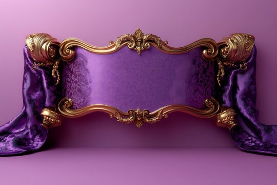 Opulent purple and gold frame with luxurious velvet curtains on a soft pink background