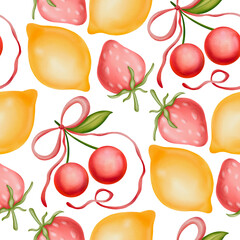 Seamless pattern with fruit mix with cherries, lemons, strawberries. Summer watercolor background with cherries, lemons, strawberries for kitchenware, packaging, children's products, wedding greetings