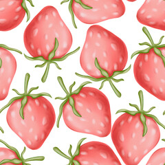 Strawberry seamless watercolor pattern on white background. Delicate surface design of ripe pink strawberries for girls accessories, kitchen textiles, prints, wedding.