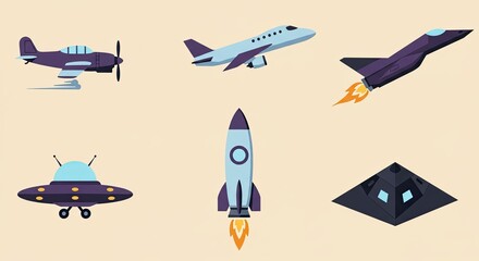 Colorful vector illustration of various flying objects set against a light background