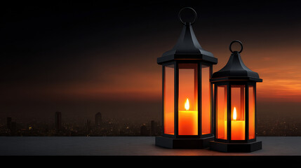Two ornate lanterns glow softly with warm candlelight against a blurred cityscape backdrop at dusk, evoking a peaceful atmosphere of tradition and reflection.
