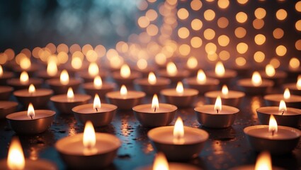 Panoramic banner showcasing candles with flames and a shiny, bokeh background