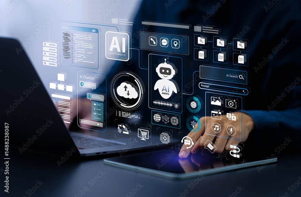 Poster ai agent and generative artificial intelligence concept. businessman using ai agents on screen, incl