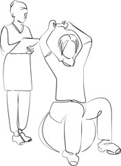 One continuous single drawing line art flat doodle patient, person, physical therapist, physical therapy, recovery, exercising. Isolated image hand draw contour on a white background, hand drawn, not 