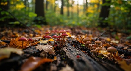 Obraz premium Small mushrooms on forest floor