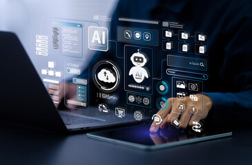 AI agent and generative artificial intelligence concept. Businessman using AI agents on screen, including chatbots, AI assistants, and data analytics tools on a laptop. LLM, Ai agentic workflows.
