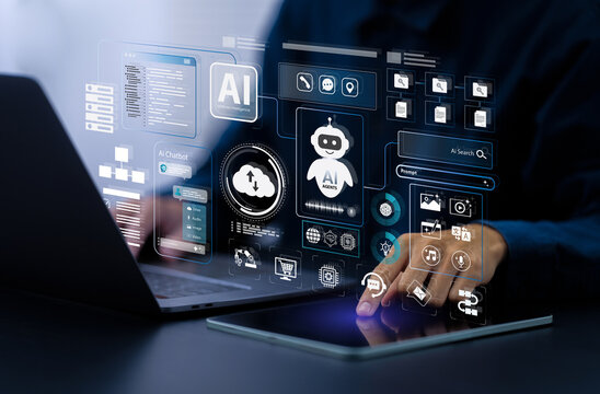 AI agent and generative artificial intelligence concept. Businessman using AI agents on screen, including chatbots, AI assistants, and data analytics tools on a laptop. LLM, Ai agentic workflows. - Powered by Adobe