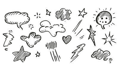 Doodle Elements Silhouette Set. Hand-Drawn Speech Bubbles, Stars, Clouds, And Symbols For Creative Design. Isolated Vector Illustration Collection