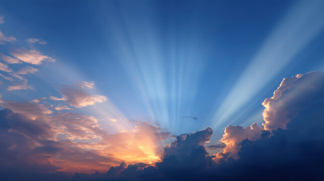 Golden sunbeams pierce through the dramatic cloudscape in the serene blue sky, creating a peaceful and awe-inspi scene of natural beauty and divine light.