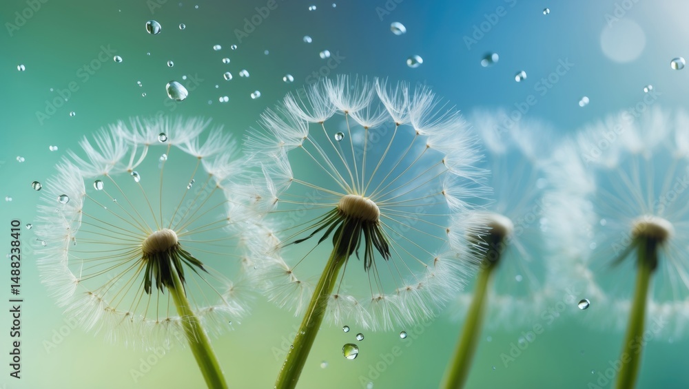 Poster close-up macro image of dandelion seeds adorned with water droplets.