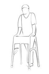 One continuous single drawing line art flat doodle man, disability, elderly, senior, walker, old. Isolated image hand draw contour on a white background, hand drawn, not AI