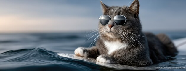 Cat surfing in the sea while wearing sunglasses showcases summer vibes and fun under the sun in a vibrant, natural setting